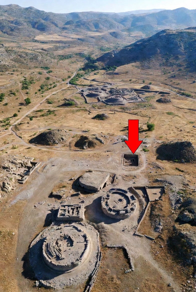 Aerial view of Göbekli Tepe excavation site — red arrow marks location of newly discovered sub-chamber
